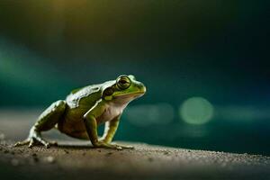 une grenouille est séance sur le sol dans de face de une lac. généré par ai photo