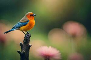 une petit Orange oiseau est séance sur une branche. généré par ai photo