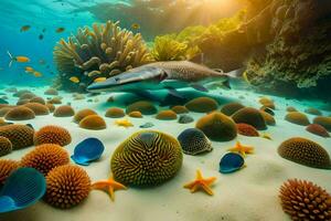 une poisson nage dans le océan entouré par corail et autre mer vie. généré par ai photo