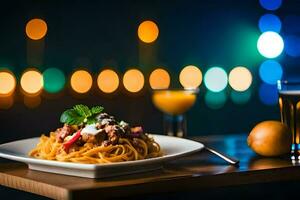 une assiette de spaghetti avec Viande et des légumes sur une table avec une verre de bière. généré par ai photo