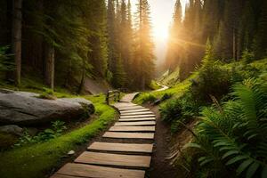 en bois chemin dans le forêt à le coucher du soleil. généré par ai photo