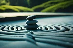 une Zen jardin avec des pierres empilés sur Haut de chaque autre. généré par ai photo