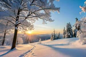 une neigeux paysage avec des arbres et le Soleil paramètre. généré par ai photo