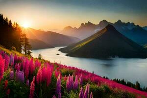 le Soleil monte plus de le montagnes et le Lac dans cette magnifique paysage. généré par ai photo