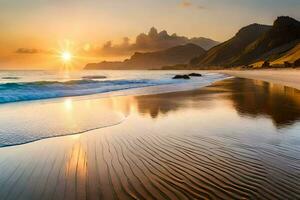 le Soleil monte plus de le océan et le vagues sur le plage. généré par ai photo