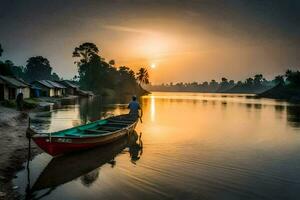 une homme est permanent sur une bateau dans le rivière à le coucher du soleil. généré par ai photo