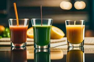 Trois des lunettes de jus avec citron et Orange tranches. généré par ai photo