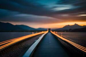 une longue exposition photographier de une pont avec lumières sur il. généré par ai photo