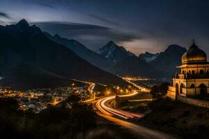 une nuit coup de une mosquée dans le montagnes. généré par ai photo