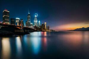 le ville horizon à nuit avec le l'eau et pont. généré par ai photo