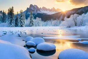 neige couvert rochers dans une rivière à le coucher du soleil. généré par ai photo