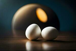 deux des œufs sur une table avec une lumière derrière eux. généré par ai photo