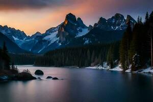 une Lac et montagnes à le coucher du soleil. généré par ai photo