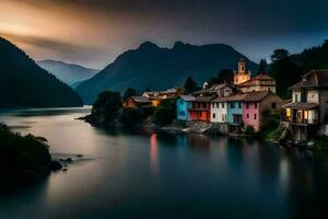 photo fond d'écran le ciel, montagnes, lac, Maisons, le ciel, le montagnes, le lac. généré par ai