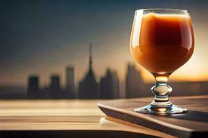 une verre de Orange jus sur une table dans de face de une ville ligne d'horizon. généré par ai photo