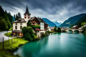 une magnifique village avec une rivière et montagnes dans le Contexte. généré par ai photo