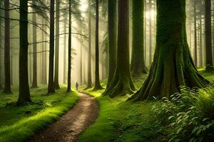 une chemin par une forêt avec grand des arbres. généré par ai photo