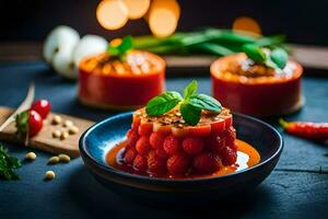 une assiette de nourriture avec tomates et épices. généré par ai photo