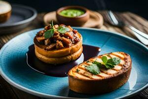 une assiette avec deux grillé patates et sauce. généré par ai photo