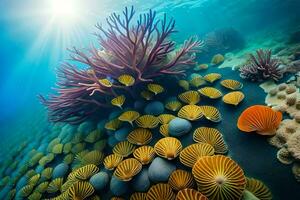 une corail récif avec beaucoup coloré poisson. généré par ai photo