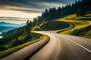 une enroulement route dans le montagnes. généré par ai photo