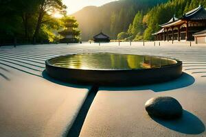 une étang dans le milieu de une Japonais temple. généré par ai photo