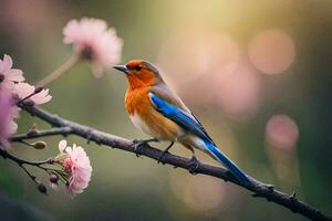 une bleu et Orange oiseau est assis sur une branche avec rose fleurs. généré par ai photo