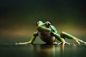 une grenouille est séance sur le sol avec ses jambes diffuser. généré par ai photo