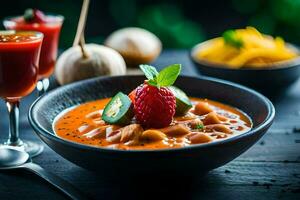 une bol de soupe avec une fraise et une cuillère. généré par ai photo