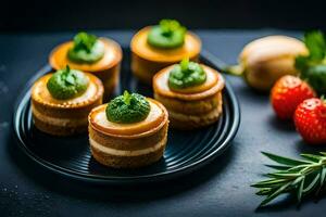 petit Gâteaux avec vert crème sur une noir plaque. généré par ai photo