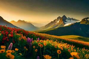le coucher du soleil plus de le montagnes, fleurs, fleurs, montagnes, fleurs, fleurs, fleurs, fleurs. généré par ai photo
