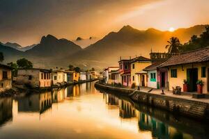 une canal dans de face de coloré Maisons à le coucher du soleil. généré par ai photo