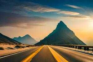 une route avec montagnes dans le Contexte. généré par ai photo