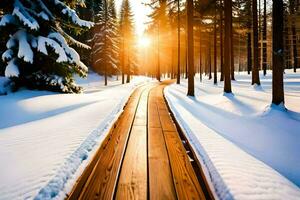 une en bois chemin dans le neige pistes à le Soleil. généré par ai photo