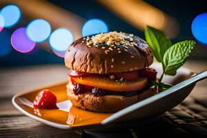 une Hamburger avec fruit sur Haut sur une plaque. généré par ai photo