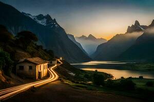 une maison et une route dans le montagnes à le coucher du soleil. généré par ai photo