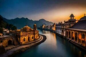 le Soleil ensembles plus de une rivière dans Inde. généré par ai photo