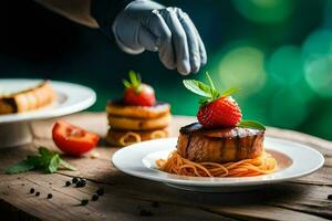 une la personne dans une gant est en portant une assiette avec aliments. généré par ai photo