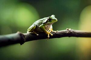 une grenouille séance sur une branche dans le forêt. généré par ai photo