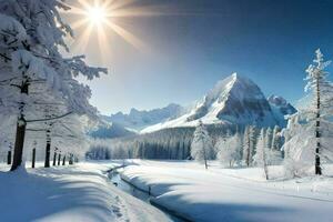 neige couvert des arbres et une courant dans le montagnes. généré par ai photo