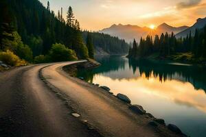 une route de premier plan à une Lac à le coucher du soleil. généré par ai photo