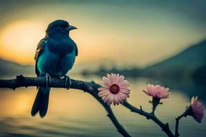 une bleu oiseau est assis sur une branche près une lac. généré par ai photo