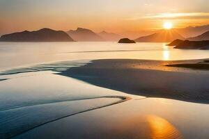 le coucher du soleil plus de le mer, montagnes, et sable. généré par ai photo