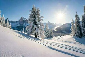 neige couvert des arbres et montagnes dans le Soleil. généré par ai photo