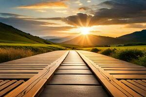 une en bois pont plus de une champ avec le Soleil réglage derrière il. généré par ai photo