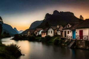 photo fond d'écran le ciel, montagnes, rivière, Maisons, coucher de soleil, le montagnes, rivière, Maisons. généré par ai