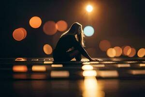 une femme séance sur le sol dans de face de une éclairé rue. généré par ai photo