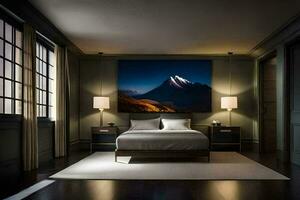 une chambre avec une grand Montagne La peinture sur le mur. généré par ai photo