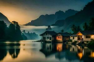 une maison sur le l'eau à le coucher du soleil avec montagnes dans le Contexte. généré par ai photo