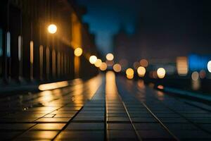 une longue passerelle avec lumières sur il à nuit. généré par ai photo